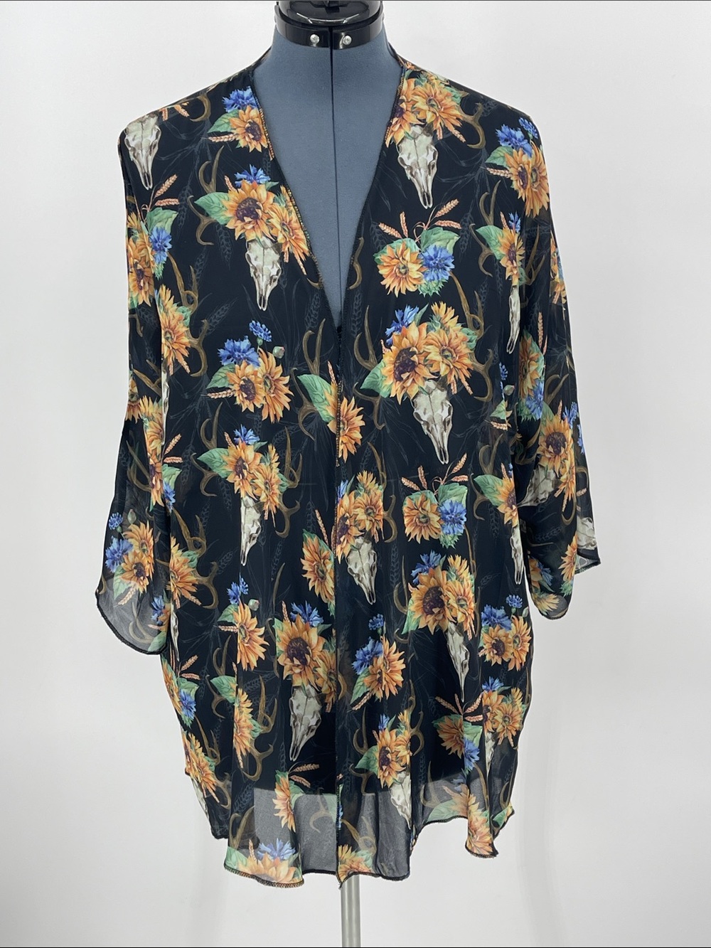 CHEEKYS Floral Skull Black Kimono Top WOMENS SIZE SEE MEASUREMENTS
